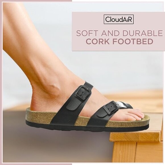 CloudAir Primo Black Thong Cork Footbed Sandals Suede Leather Insoles NEW Sz 6.5 - Picture 2 of 9